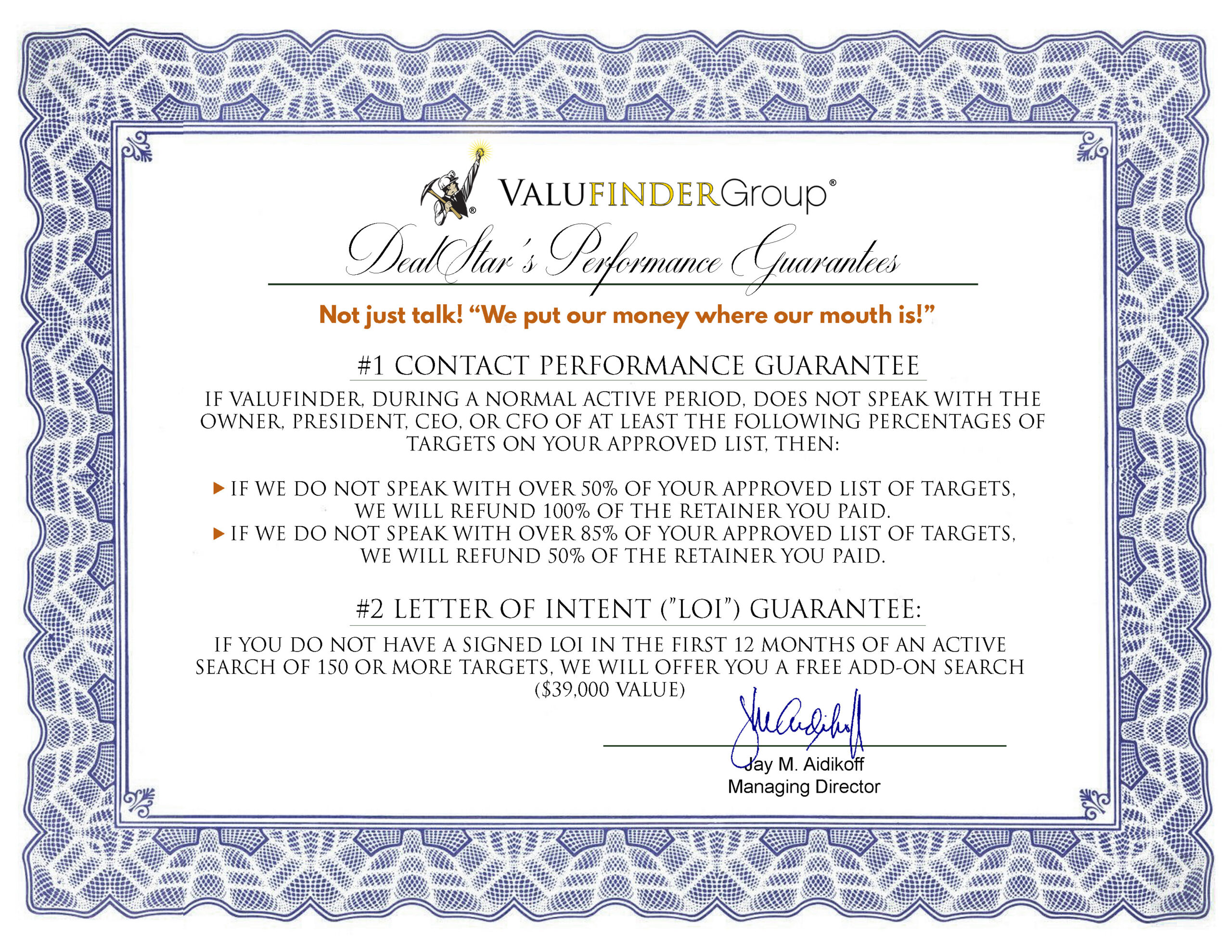 Performance Gurarantee Money-Back Guarantee for M&A Buyers | Valufinder
